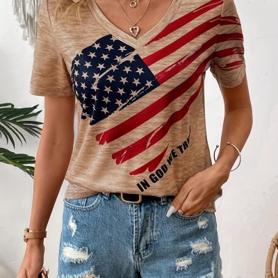 American Flag Print V Neck T-shirt, Short Sleeve Casual Top For Spring & Summer, Women’s Clothing
