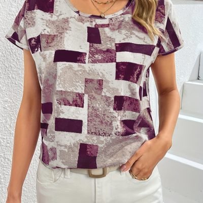 Geometric Print Blouse, Casual Crew Neck Short Sleeve Summer Blouse, Women??s Clothing