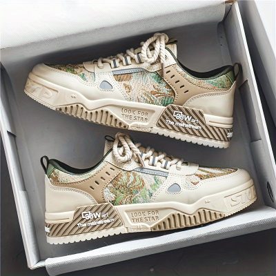 Men’s Alphabet Print Trendy Skate Shoes With PU Leather Uppers, Wear-resistant Non Slip Lace-up Casual Sneakers For Outdoor, Men’s Street Style Footwear