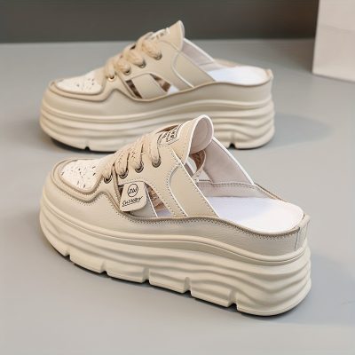Women’s Breathable Platform Mule Sneakers, Casual Cutout Design Lace Up Shoes, Comfortable Summer Shoes