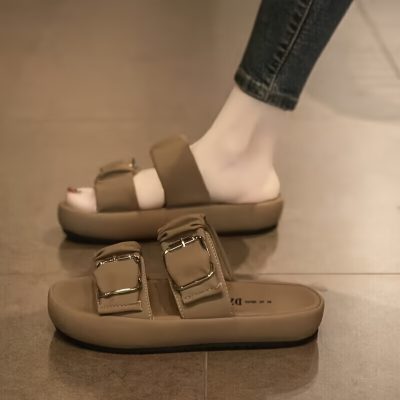 Women’s Double Buckle Strap Design Slide Sandals, Casual Open Toe Summer Shoes, Comfortable Slip On Shoes