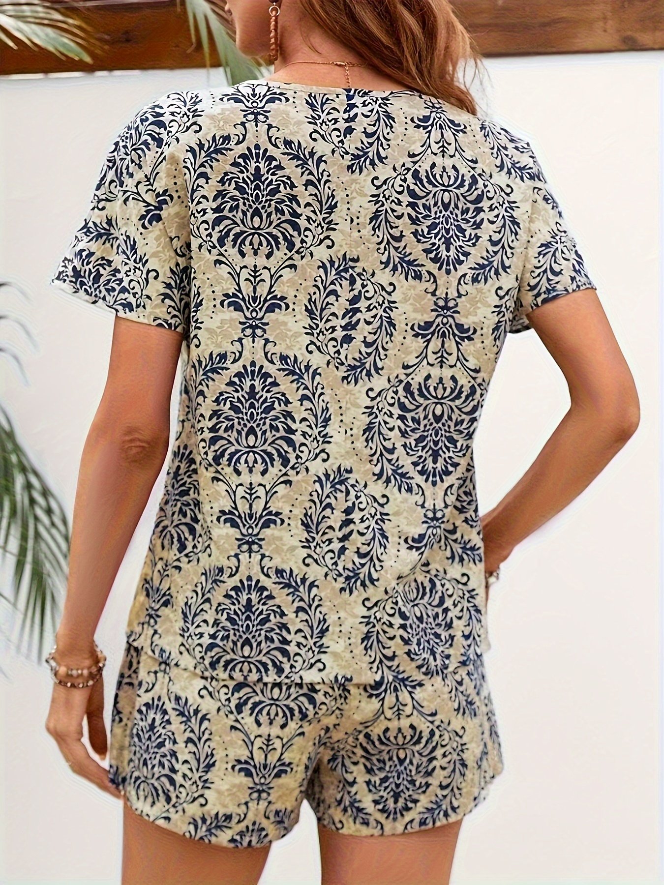 Elegant Ethnic Print Two Pieces, V Neck Short Sleeve Top & High Waist Shorts Outfits, Women’s Clothing - Image 4