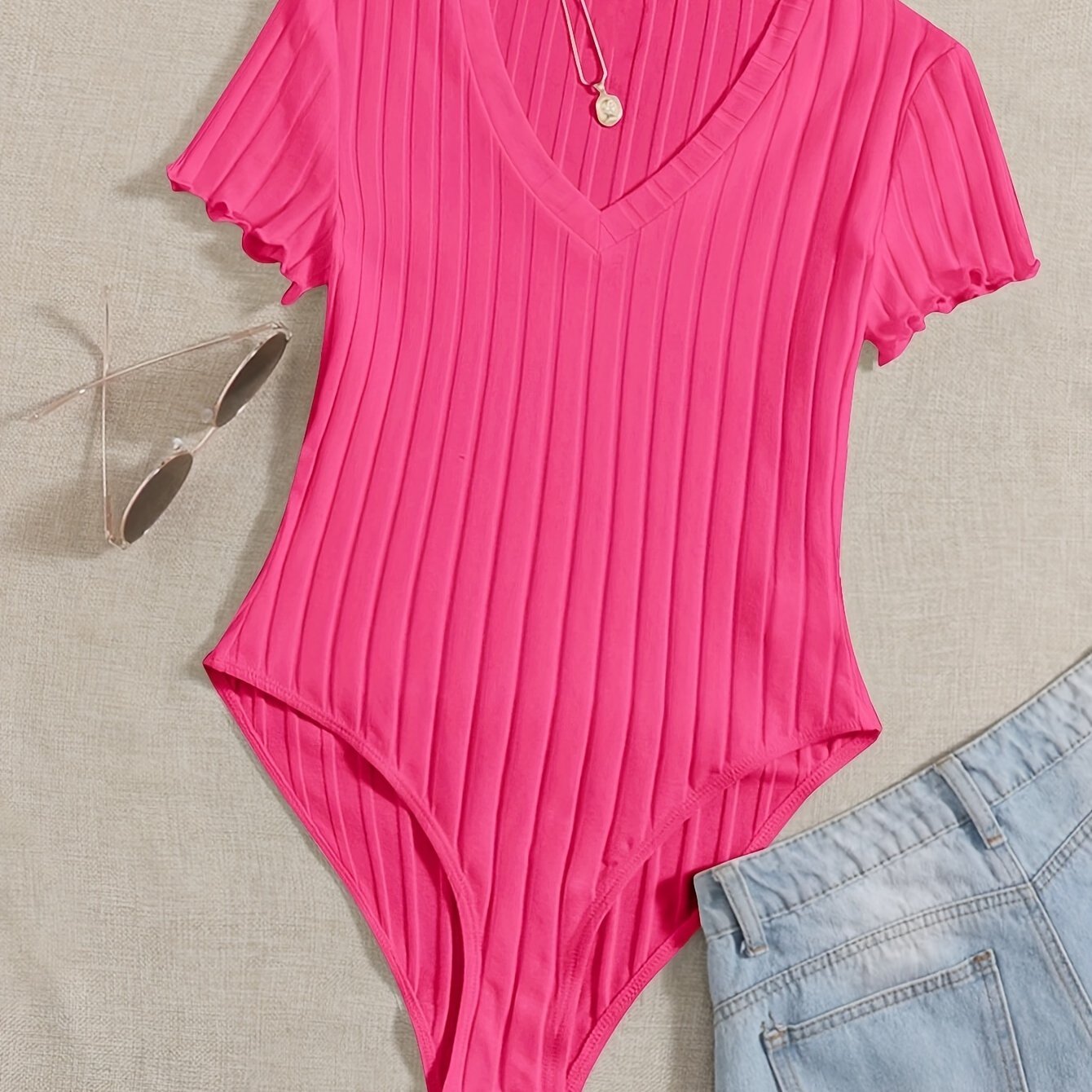 Solid V Neck Rib Knit Bodysuit, Casual Short Sleeve Basic Bodysuit, Women’s Clothing - Image 4