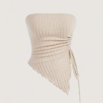 Solid Ribbed Asymmetric Hem Tube Top, Elegant Drawstring Ruched Side Strapless Sleeveless Top, Women??s Clothing