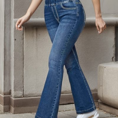 Elastic Waist Bell Bottom Jeans, Slash Pocket Fashion Casual Denim Pants, Women’s Denim Jeans & Clothing