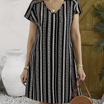 Allover Print V-neck Dress, Vacation Short Sleeve Dress For Summer & Spring, Women’s Clothing