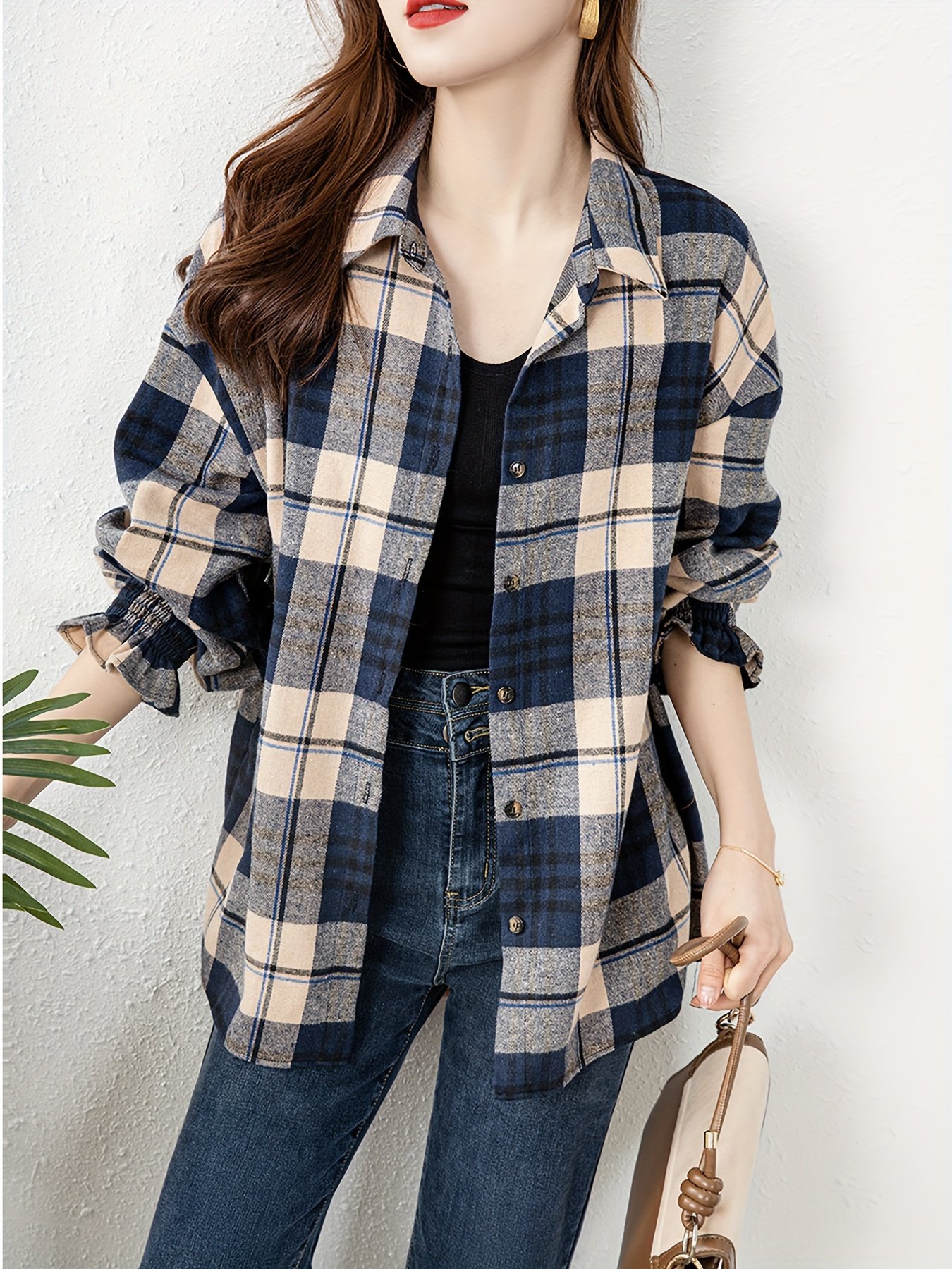Plaid Print Button Front Blouse, Casual Long Sleeve Blouse For Spring & Fall, Women’s Clothing - Image 6