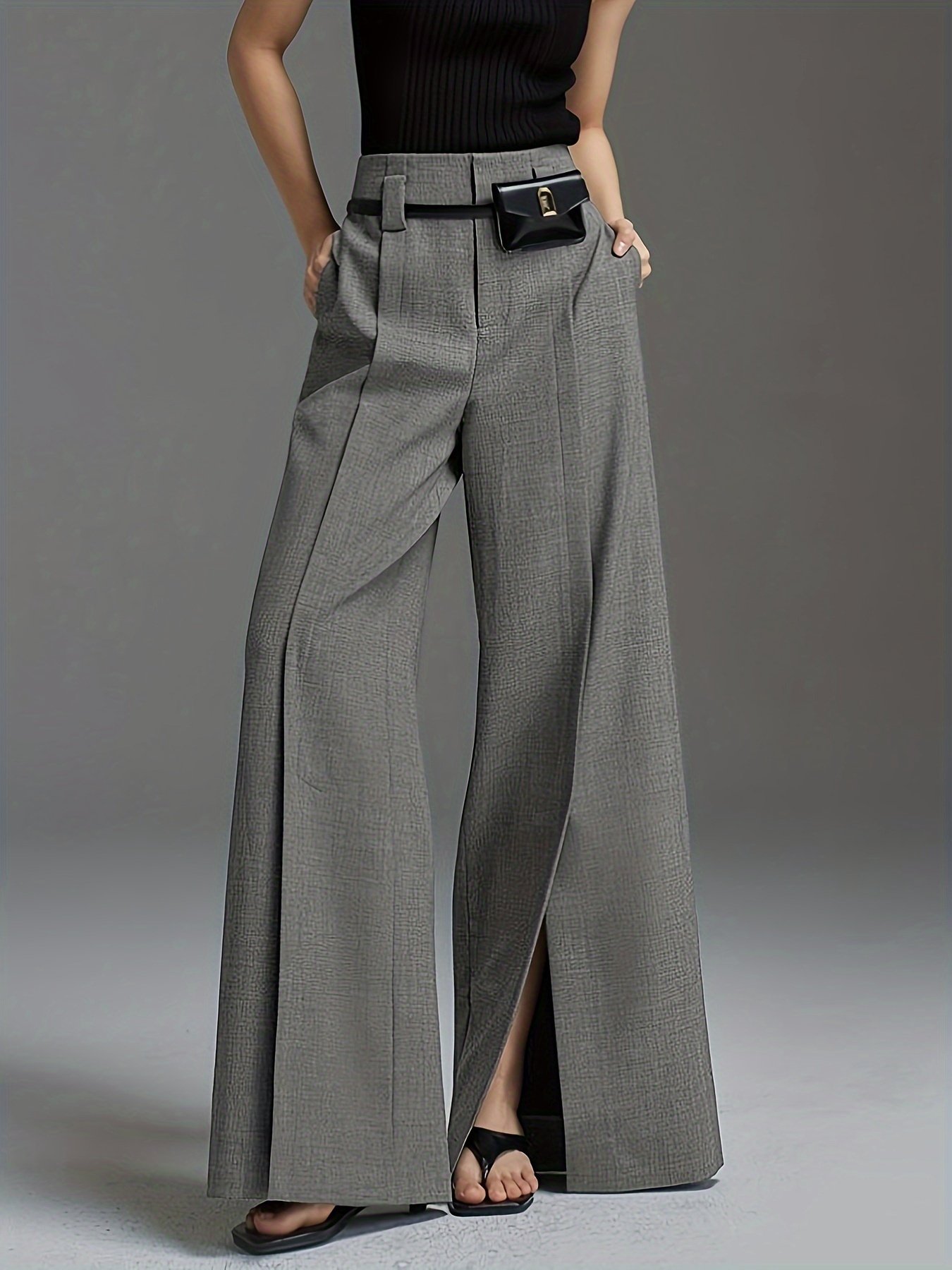 Solid Color Wide Leg Pants, Casual Split Hem Loose Suit Pants For Spring & Summer, Women’s Clothing