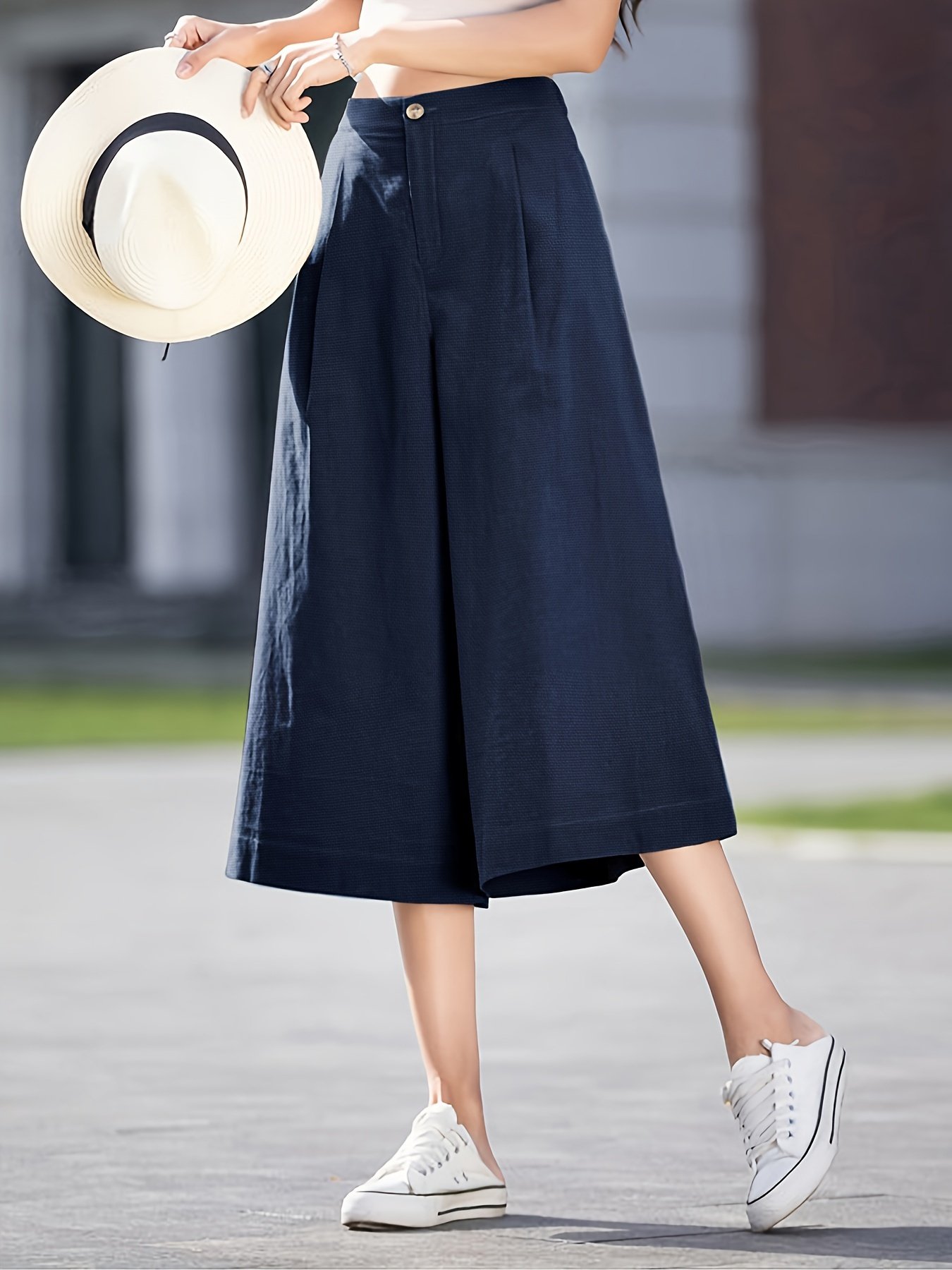 High Waist Pocket Cropped Pants, Vintage Wide Leg Pants For Spring & Summer, Women??s Clothing - Image 8