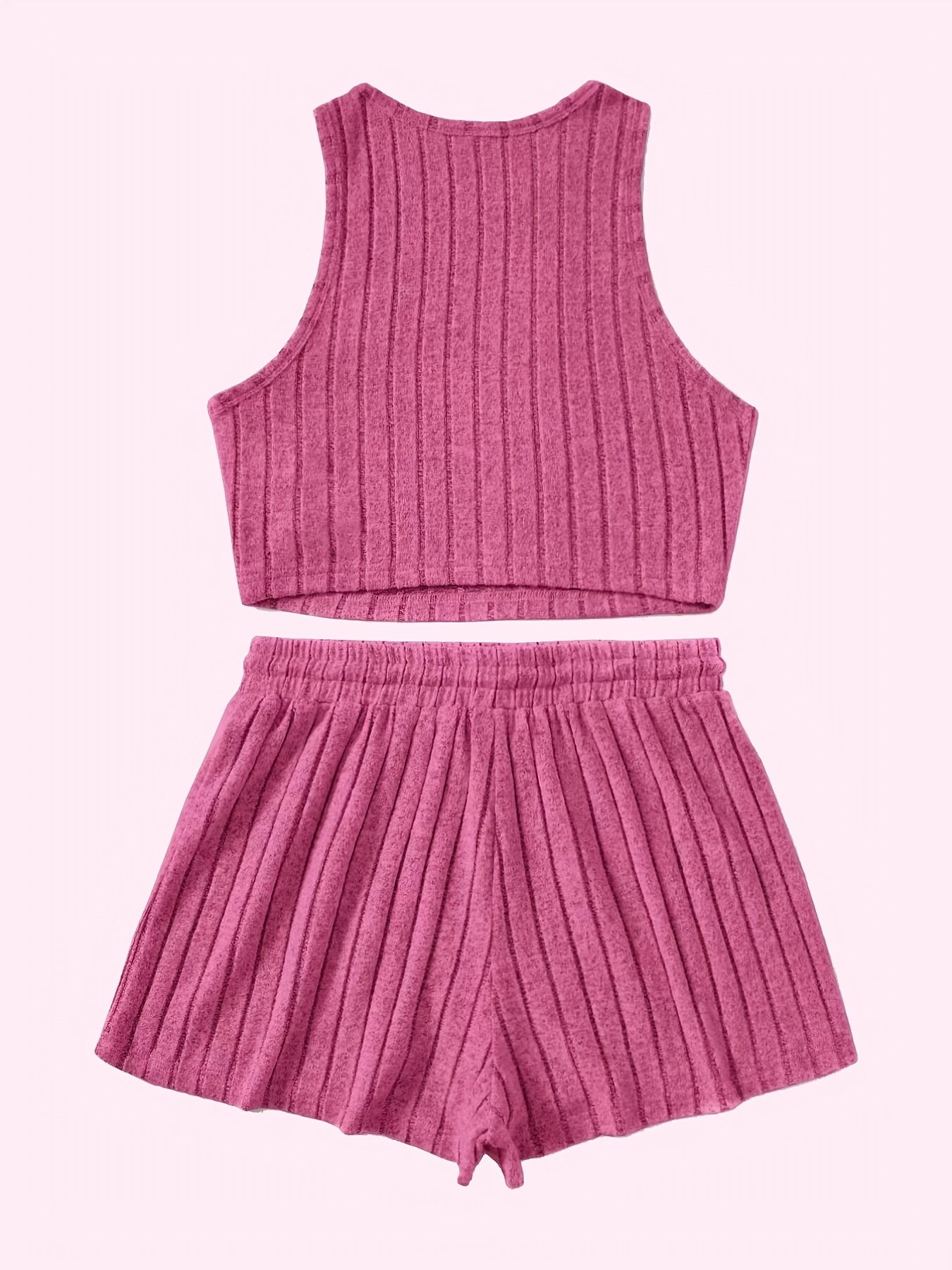 Ribbed Casual Two-piece Set, Crew Neck Sleeveless Tank Top & Drawstring Shorts Outfits, Women??s Clothing - Image 4