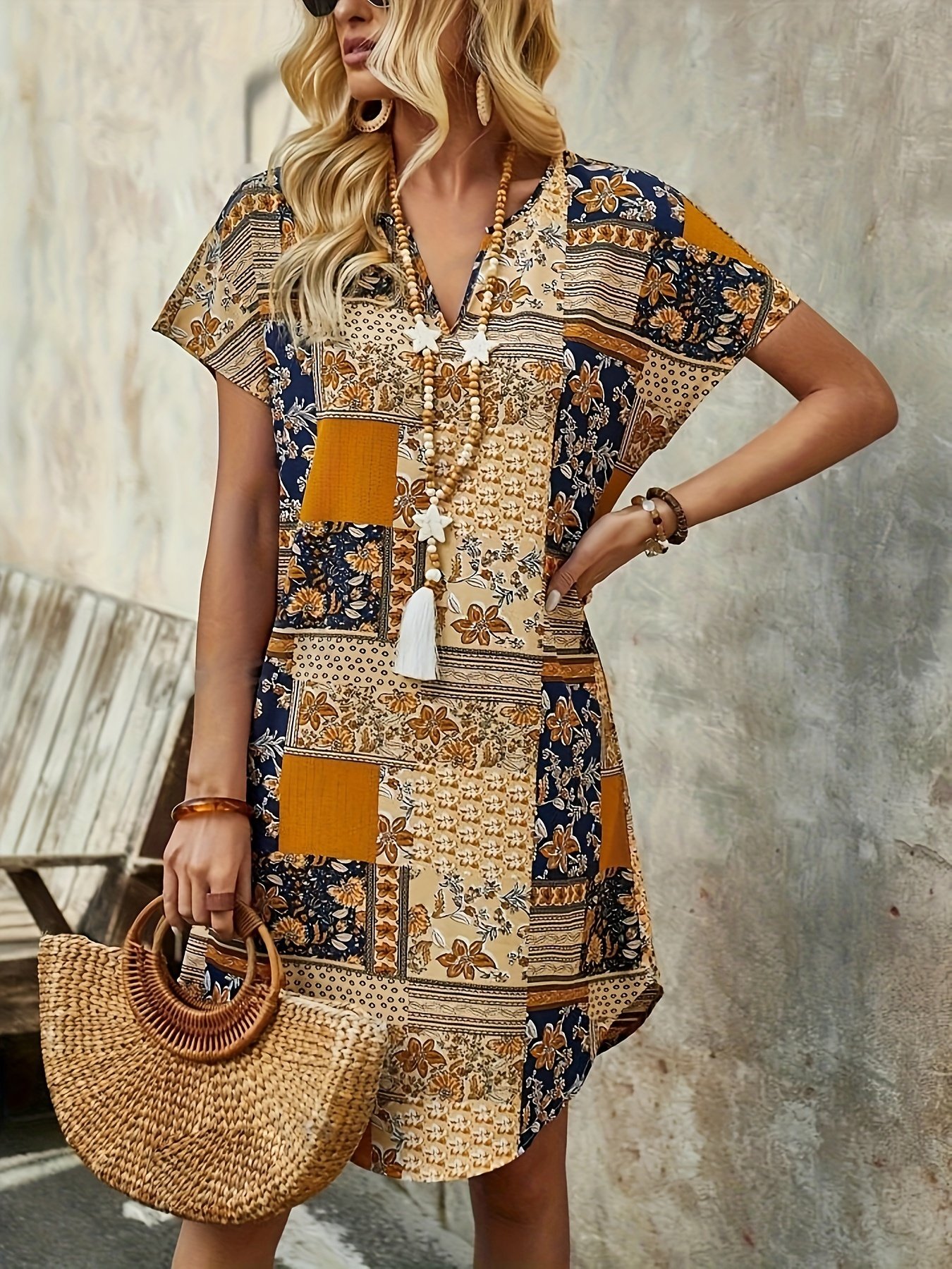 Patchwork Print Curvy Hem Dress, Vacation Short Sleeve Notched Neck Dress, Women??s Clothing - Image 3