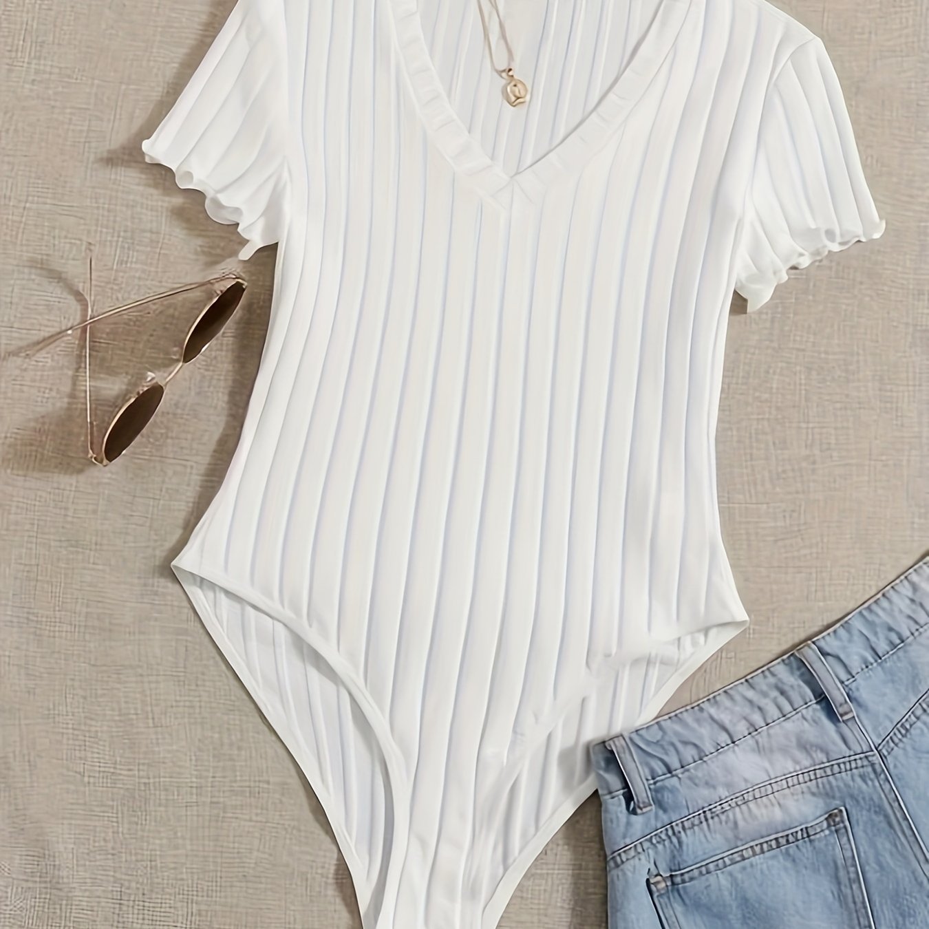 Solid V Neck Rib Knit Bodysuit, Casual Short Sleeve Basic Bodysuit, Women’s Clothing - Image 2