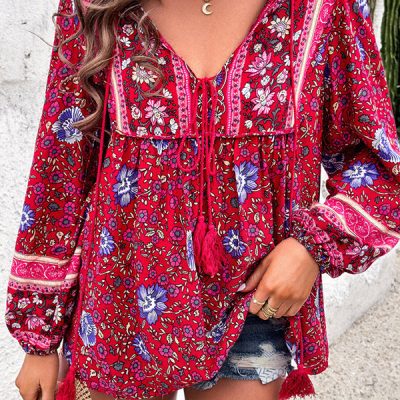 Bohemian Floral Print V Neck Casual Tops