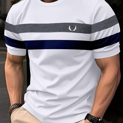 Men??s Stripe Pattern Crew Neck And Short Sleeve T-shirt, Casual And Chic Tops For Summer Outdoors Activities