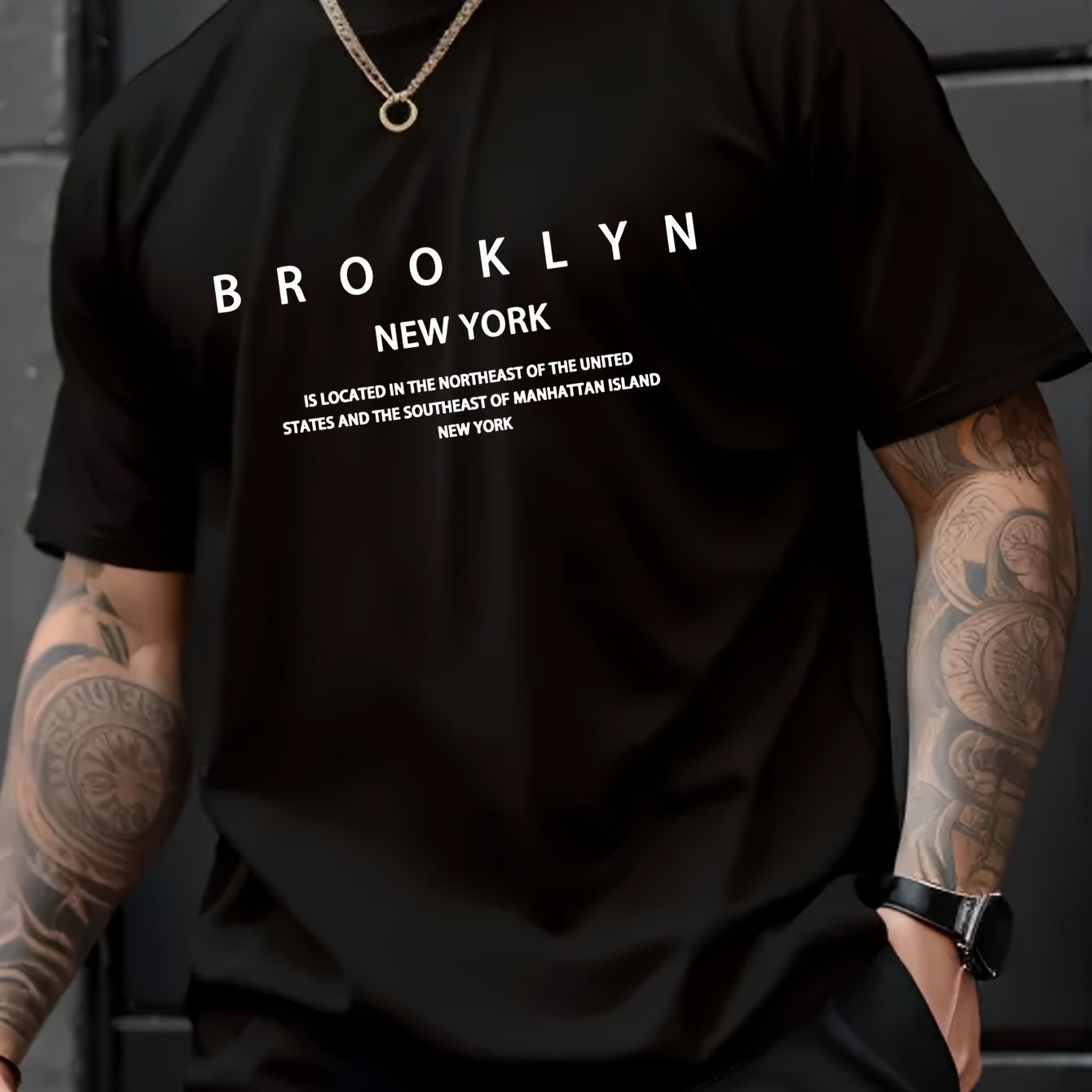 Brooklyn And New York Print Men??s Creative Top, Casual Short Sleeve Crew Neck T-shirt, Men??s Clothing For Summer Outdoor - Image 2