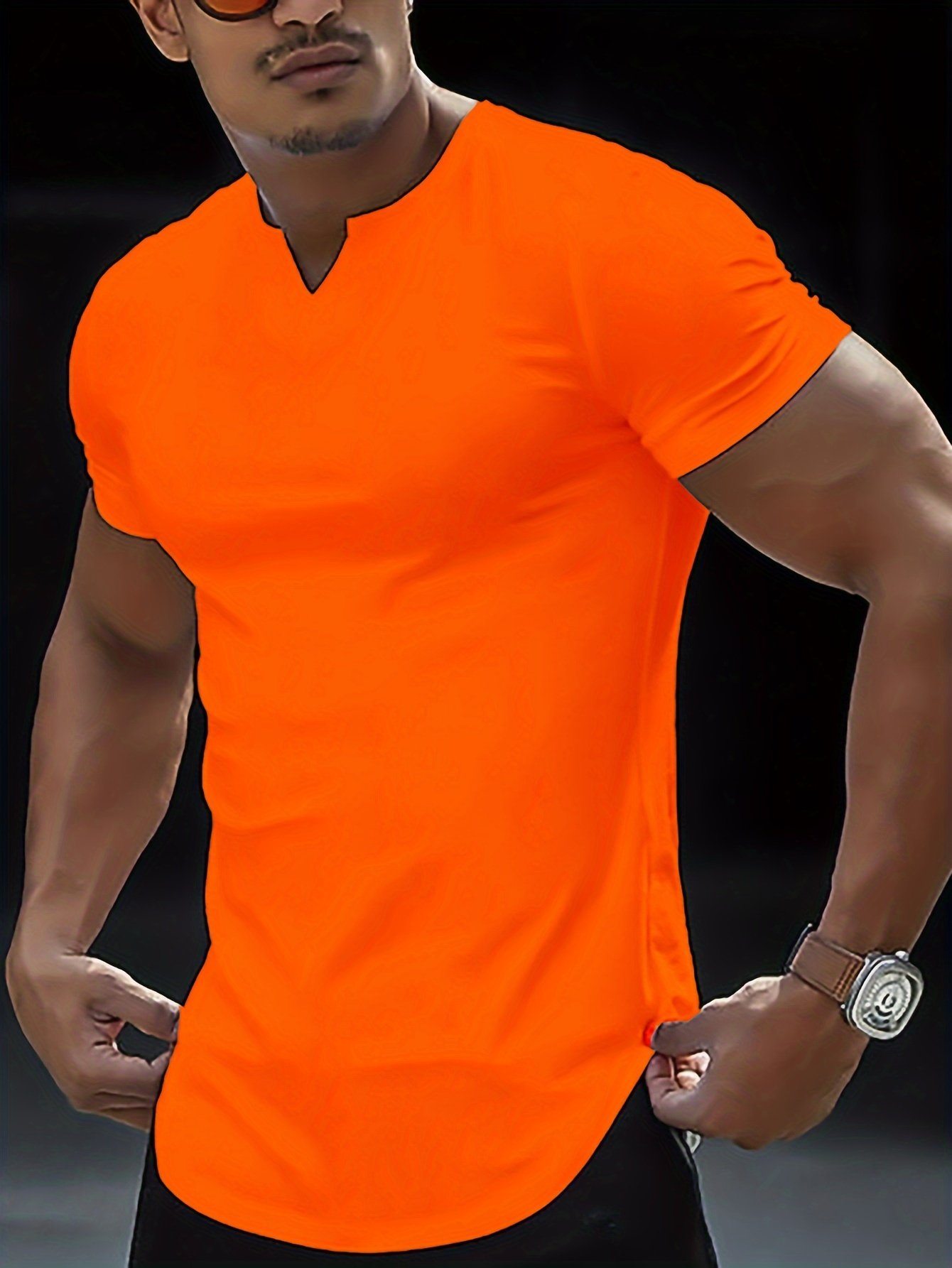 Solid Color Men’s Comfy V-Neck Medium Stretch T-shirt, Men’s Summer Clothes, Men’s Outfits