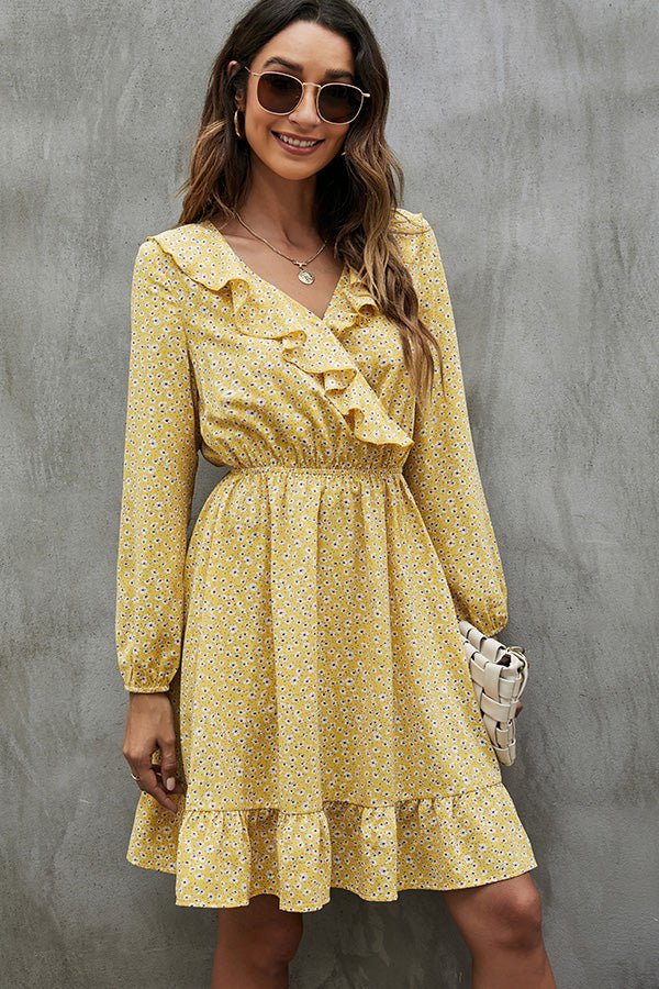 V Neck Floral Print Ruffled Mini Dress - Image 4