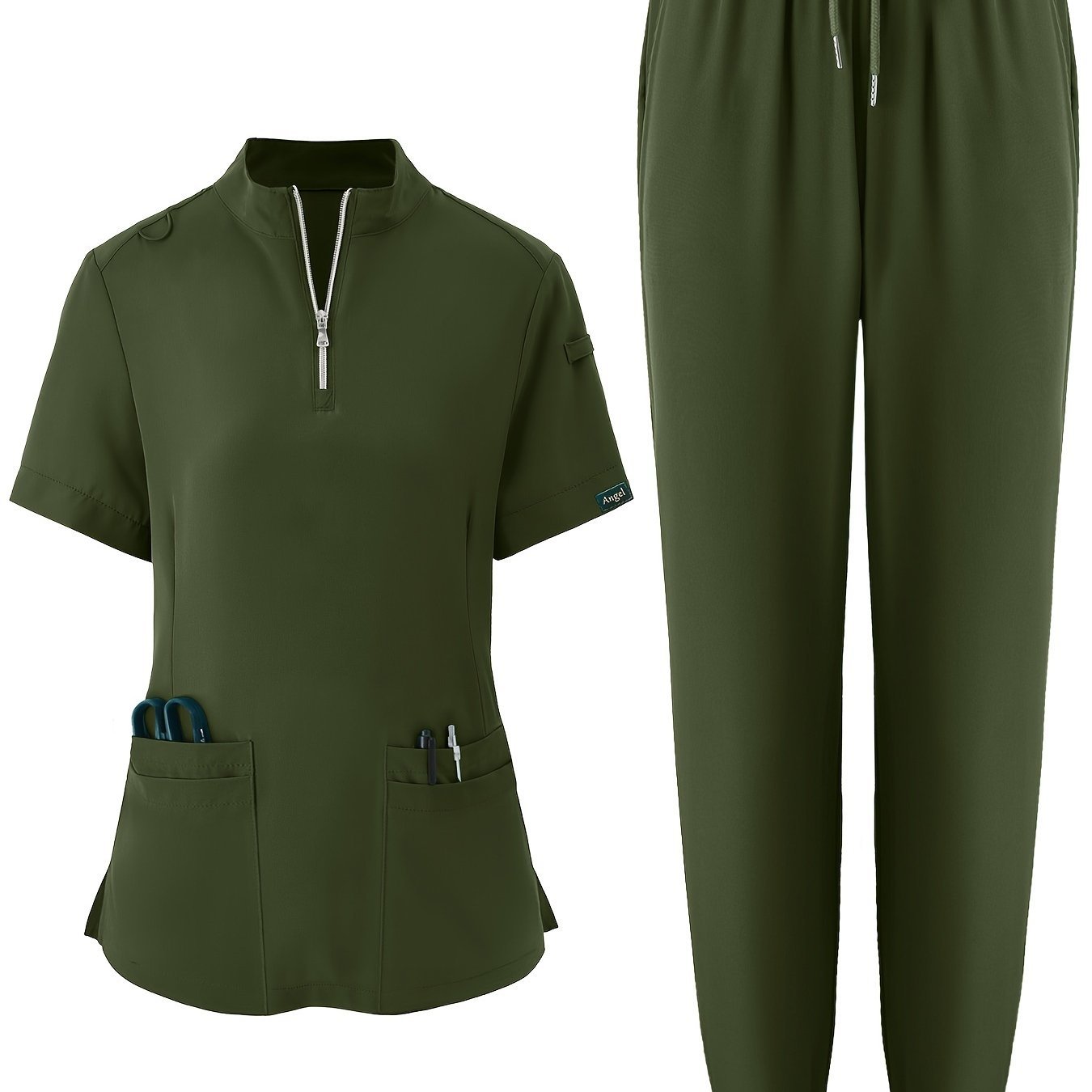 Solid Color Two-piece Scrub Set, Zip Front Short Sleeve Pockets Scrub Top & Drawstring Pants Outfits For Medical & Health Care, Women’s Clothing - Image 4