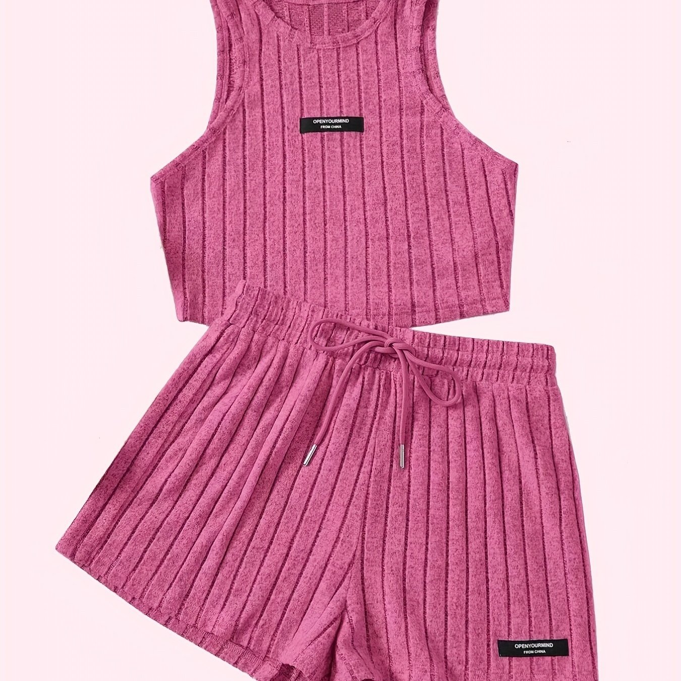 Ribbed Casual Two-piece Set, Crew Neck Sleeveless Tank Top & Drawstring Shorts Outfits, Women??s Clothing - Image 3
