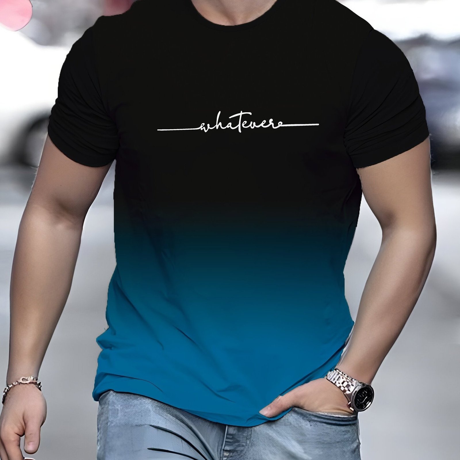 Alphabet Print Gradient Crew Neck Short Sleeve T-shirt For Men, Casual Summer T-Shirt For Daily Wear And Vacation Resorts - Image 2