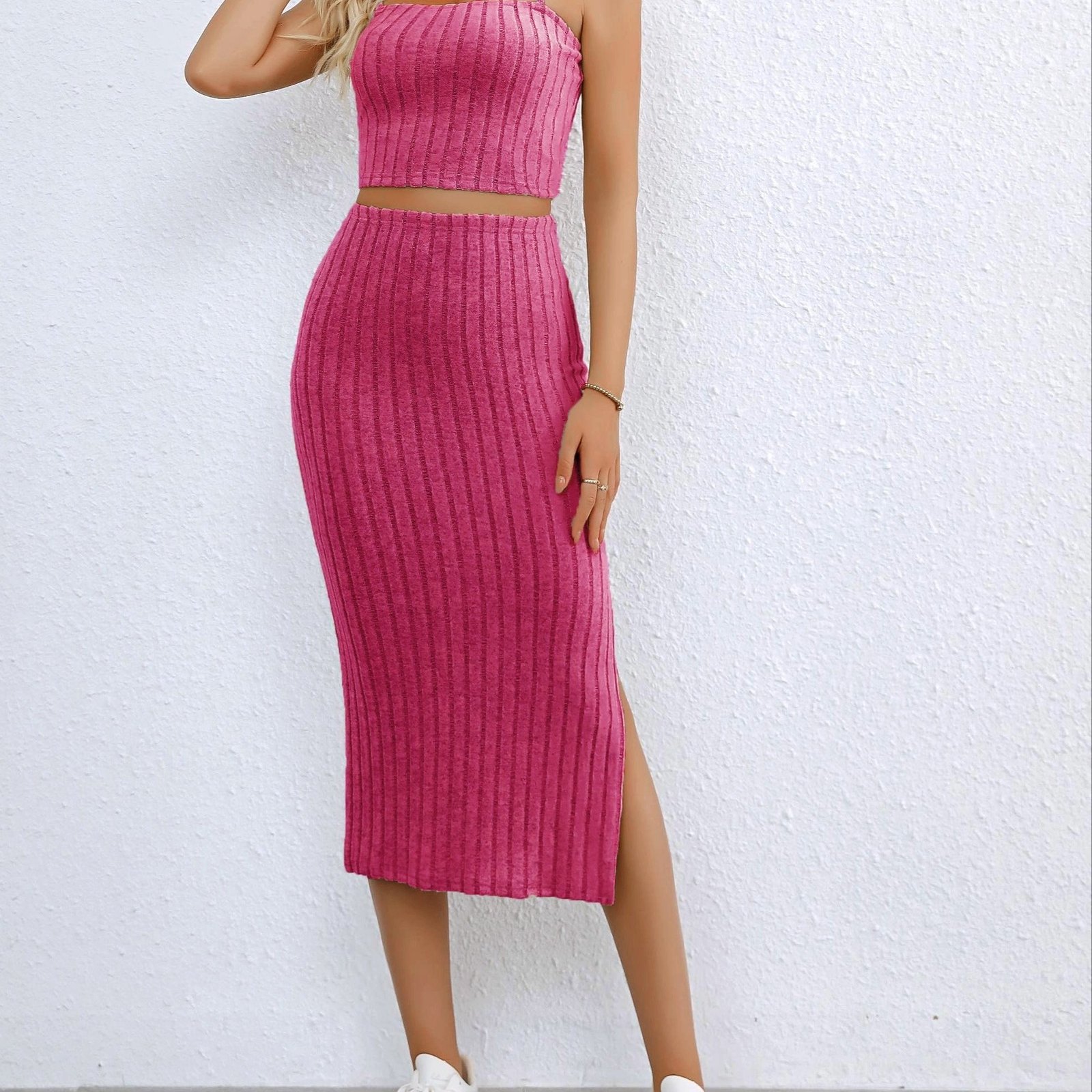 Ribbed Knit Two-piece Skirt Set, Crop Cami Top & Split Hem Skirt Outfits, Women??s Clothing - Image 3