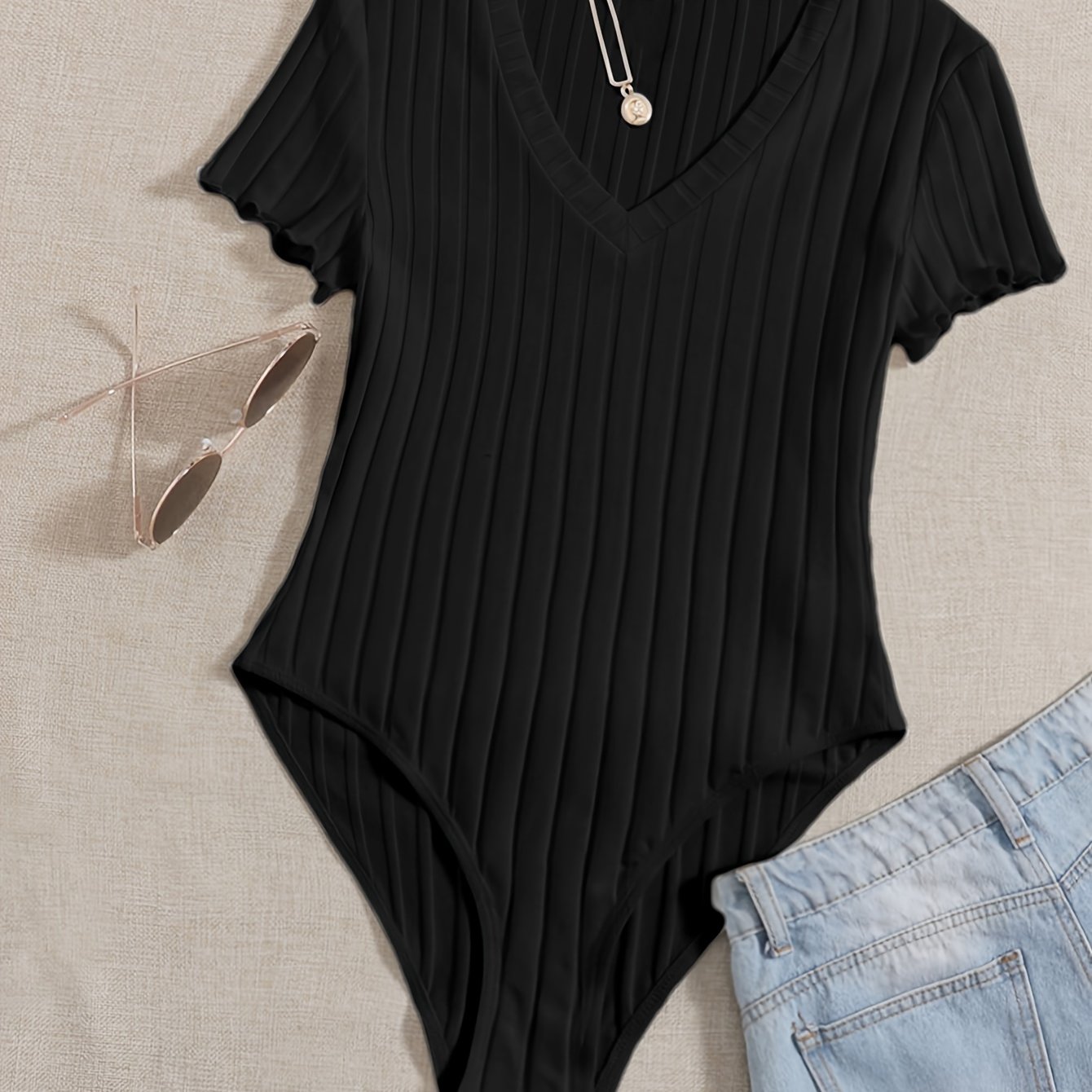 Solid V Neck Rib Knit Bodysuit, Casual Short Sleeve Basic Bodysuit, Women’s Clothing - Image 7