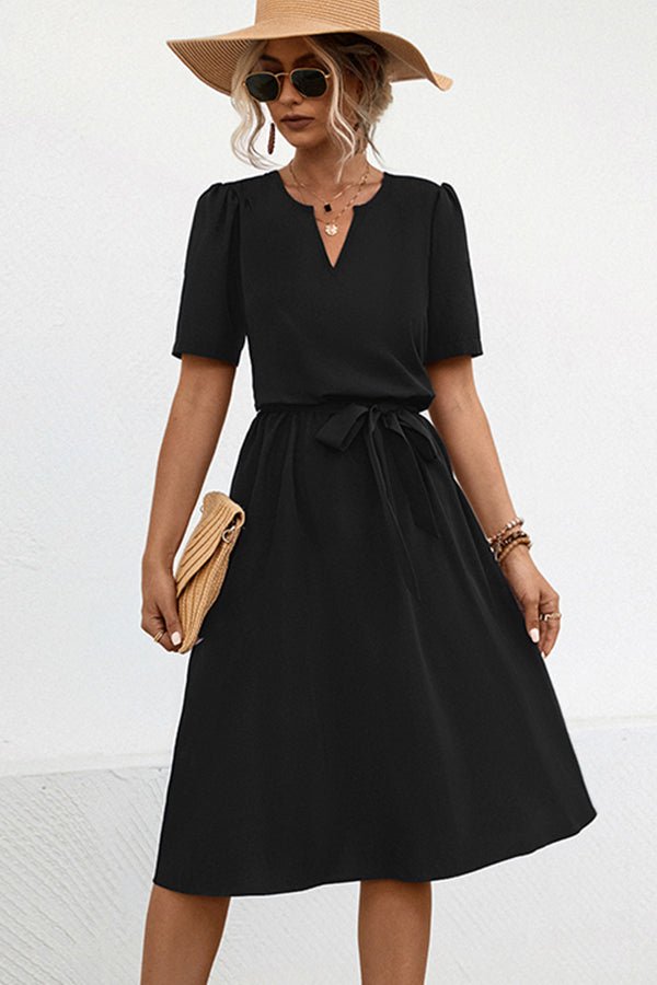Solid Color V Neck Tie Waist Casual Dress - Image 3