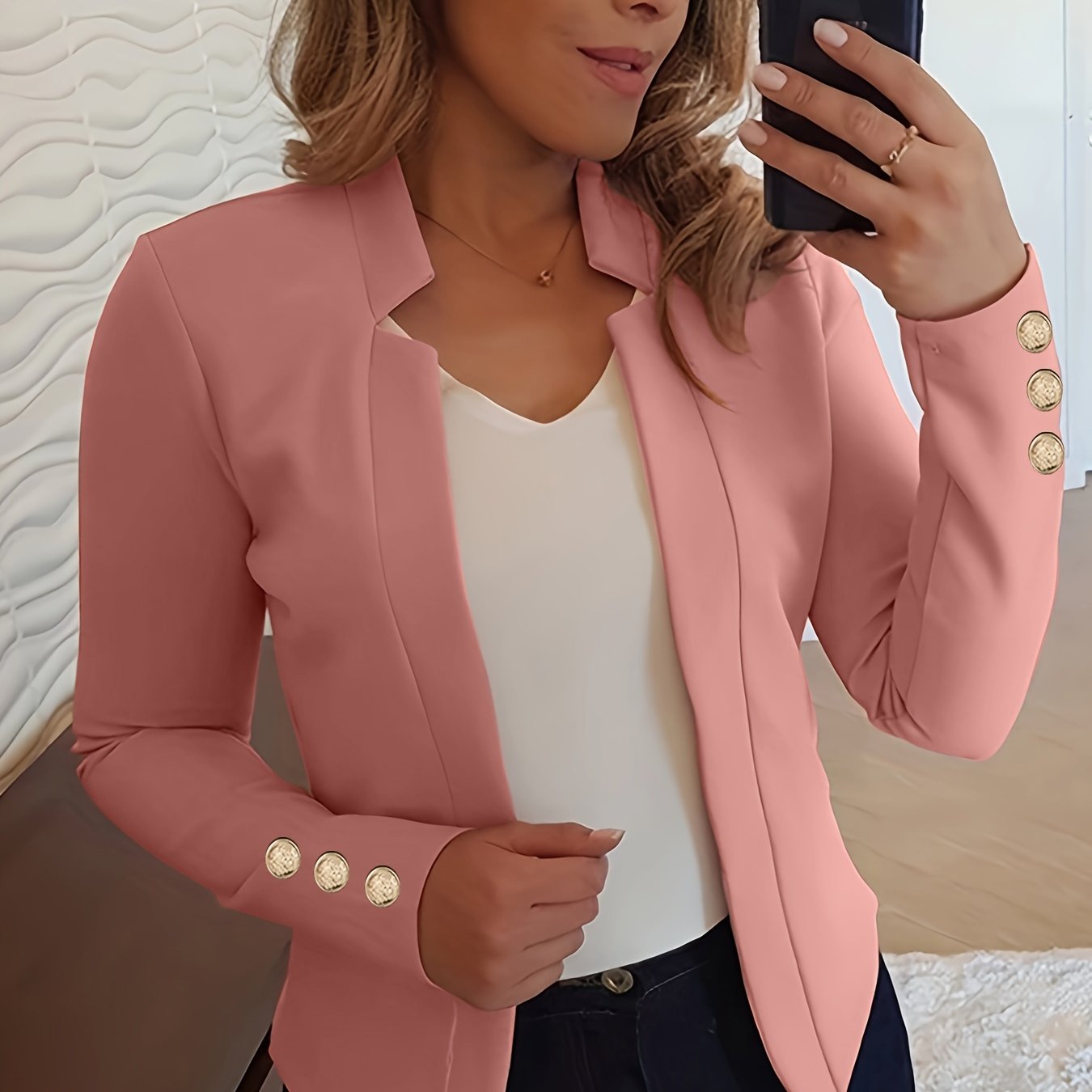 Solid Open Front Blazer, Casual Long Sleeve Button Blazer For Office & Work, Women’s Clothing - Image 5