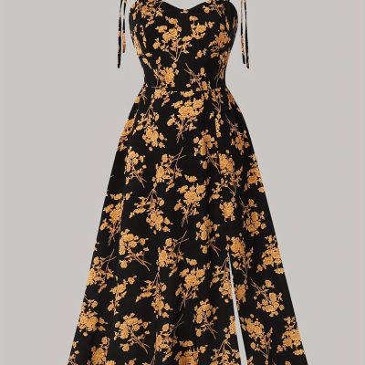 Floral Print Tie Shoulder Cami Dress, Elegant Sweetheart Neck Sleeveless Dress, Women’s Clothing