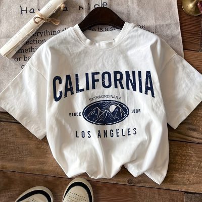 Letter & Mountain Print T-shirt, Short Sleeve Crew Neck Casual Top For Summer & Spring, Women’s Clothing