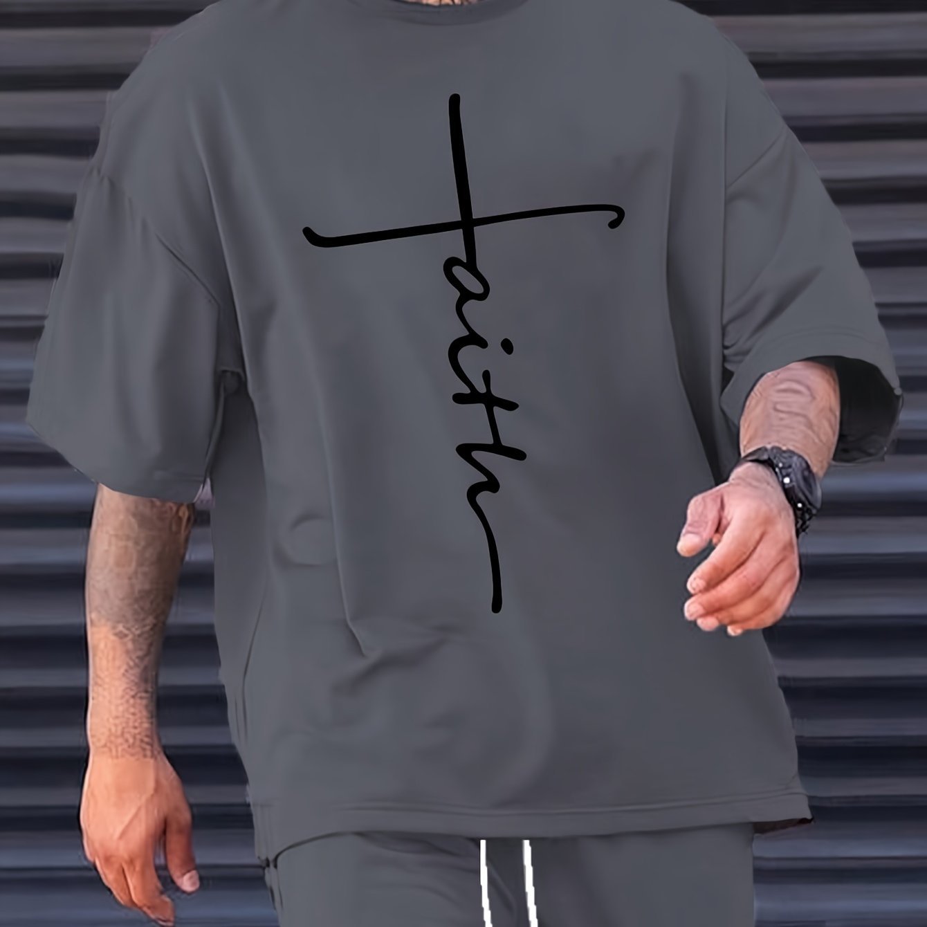 Faith Print Men??s Casual Loose Short Sleeve Crew Neck T-shirt, Summer Outdoor Street - Image 3