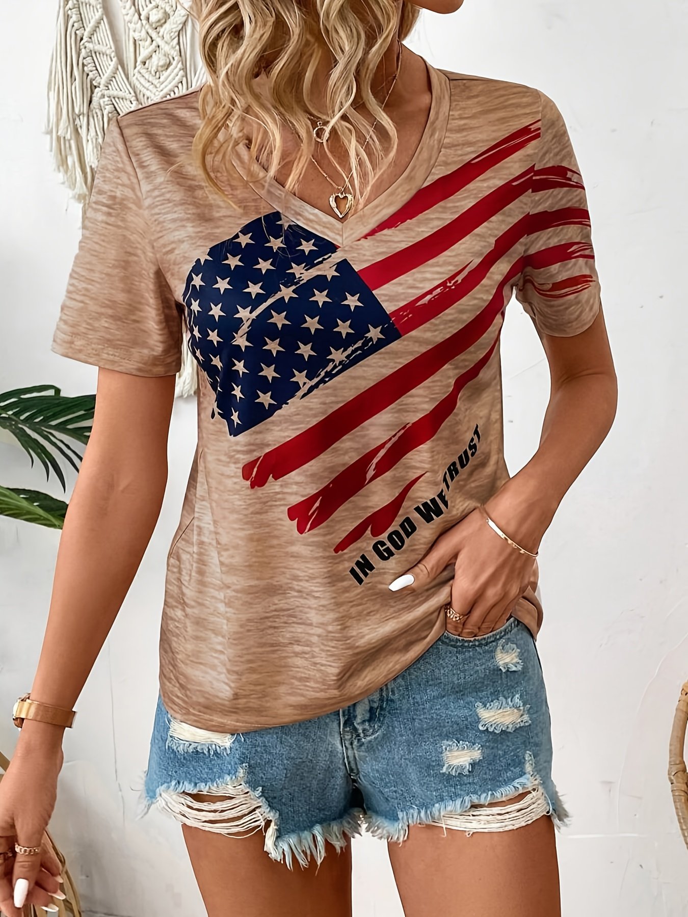 American Flag Print V Neck T-shirt, Short Sleeve Casual Top For Spring & Summer, Women’s Clothing - Image 5