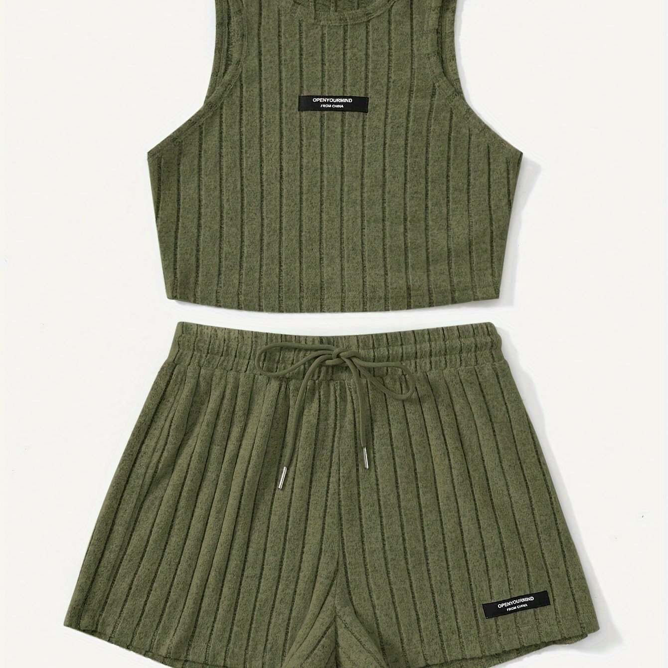 Ribbed Casual Two-piece Set, Crew Neck Sleeveless Tank Top & Drawstring Shorts Outfits, Women??s Clothing - Image 2