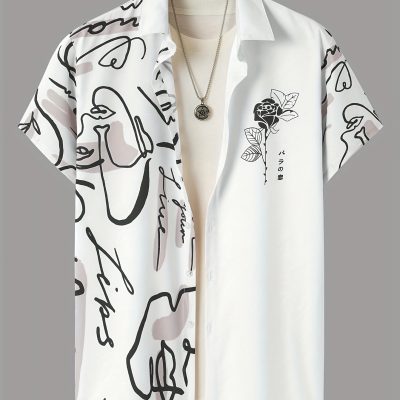 Abstract And Flower Pattern Men’s Fashionable And Simple Short Sleeve Button Casual Lapel Shirt, Trendy And Versatile, Suitable For Summer Dates, Beach Holiday, As Gifts, Men’s Clothing