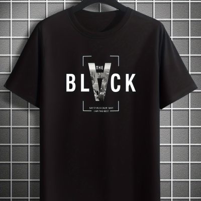 BLACK Creative Alphabet Print Casual Crew Neck Short Sleeve T-shirt For Men, Quick-drying Comfy Casual Summer Tops For Daily Wear Work Out And Vacation Resorts