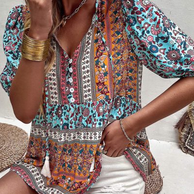 Bohemian Floral Short Sleeve Casual Tops