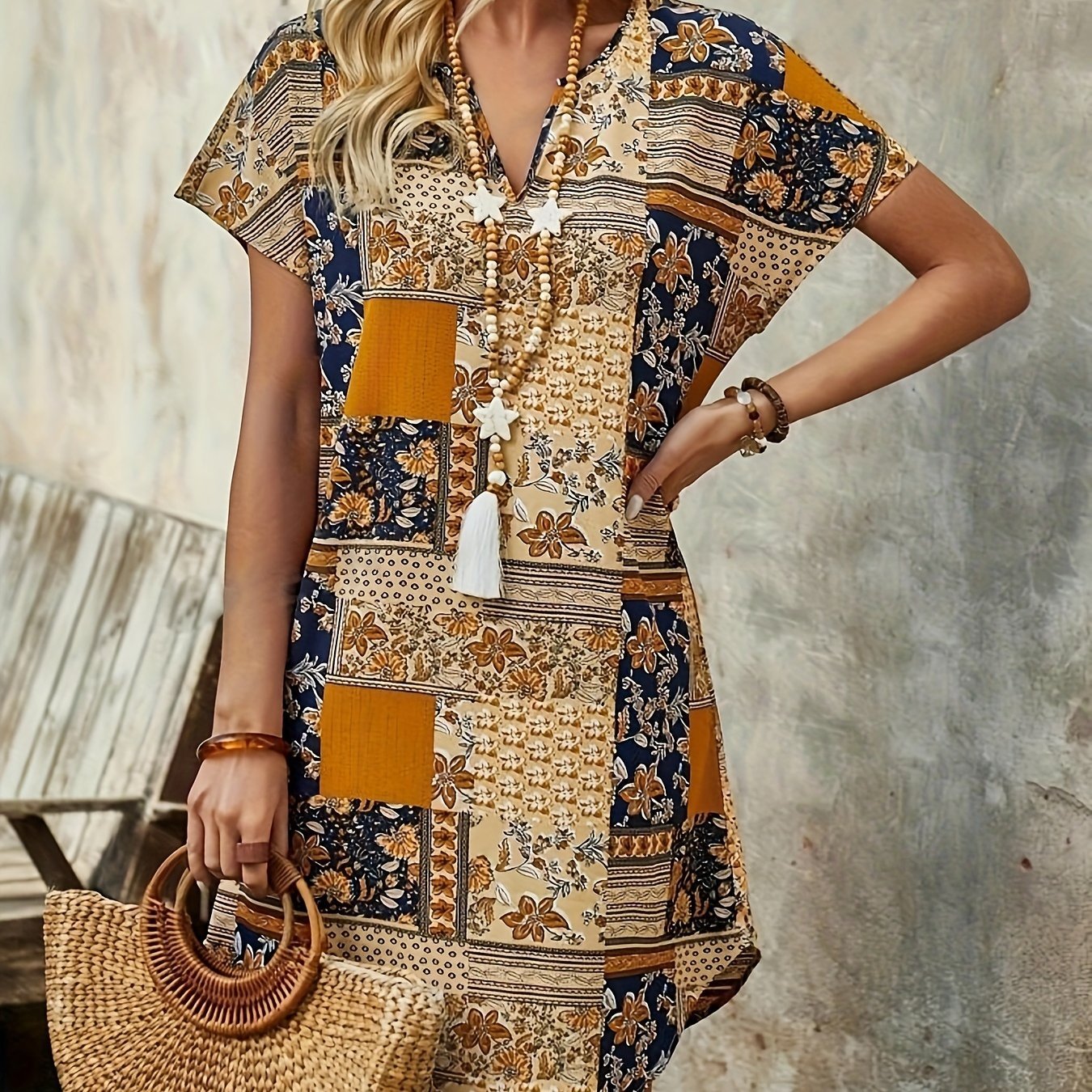 Patchwork Print Curvy Hem Dress, Vacation Short Sleeve Notched Neck Dress, Women??s Clothing - Image 2
