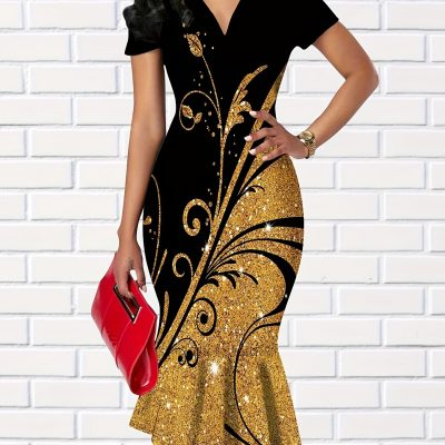Graphic Print V-neck Dress, Elegant Ruffle Trim Bodycon Dress For Spring & Summer, Women’s Clothing