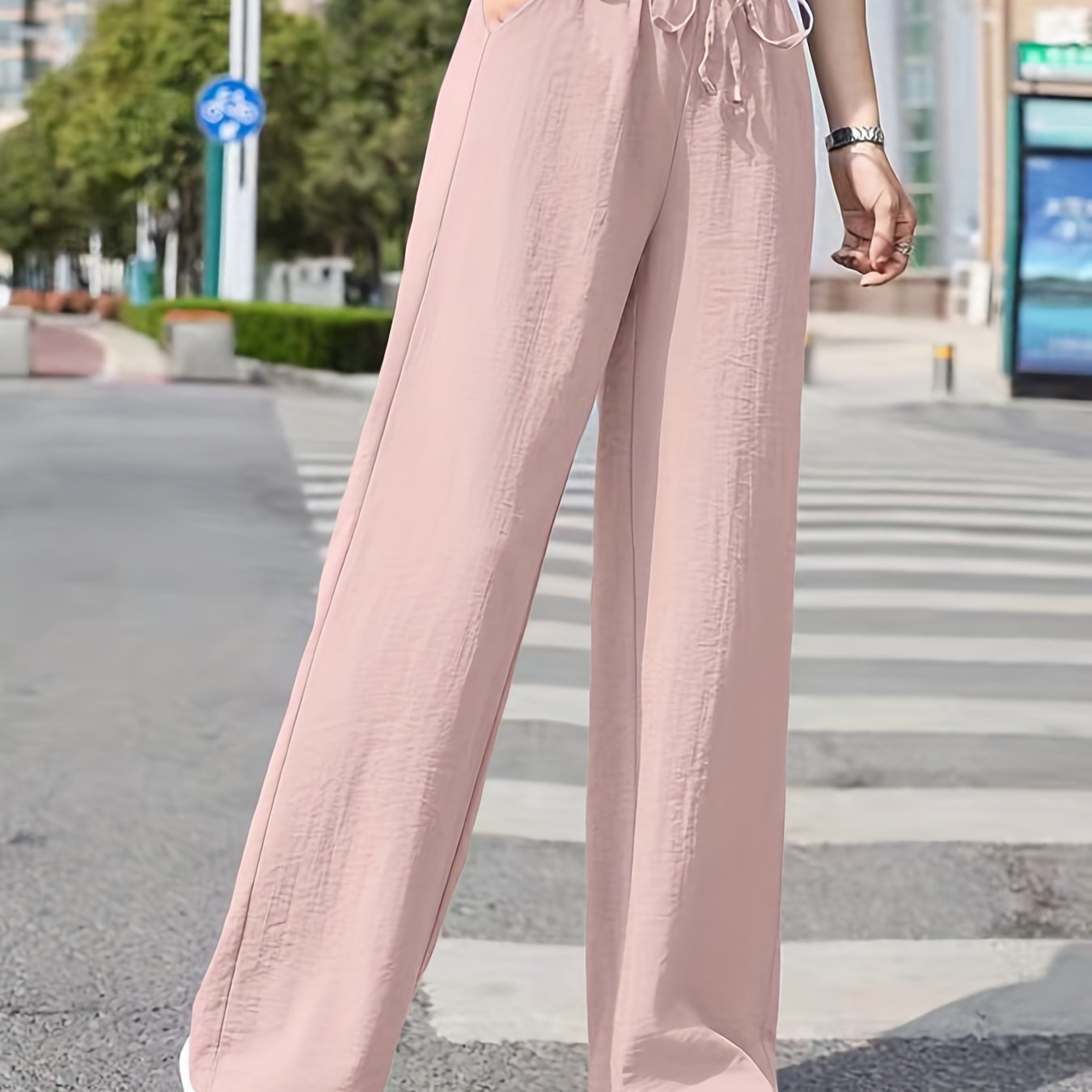 Minimalist Solid Drawstring Pants, Casual Long Length Elastic Waist Wide Leg Pants, Women??s Clothing - Image 3