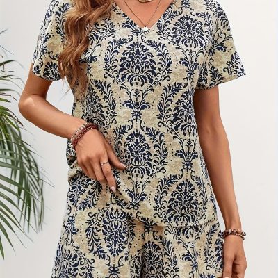 Elegant Ethnic Print Two Pieces, V Neck Short Sleeve Top & High Waist Shorts Outfits, Women’s Clothing