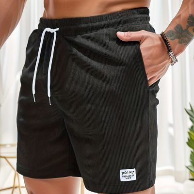 Men’s Label Patchwork Regular Fit Solid Shorts With Drawstring And Pockets, Casual And Chic Shorts For Summer Beach And Daily Leisurewear
