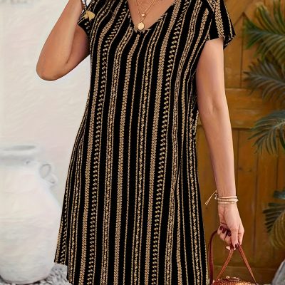 Striped V-neck Dress, Vacation Style Short Sleeve Shift Dress For Spring & Summer, Women’s Clothing