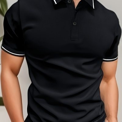 Men’s Trendy Color Block Short Sleeve Button Up Lapel Shirt For Summer Daily, Perfect For Golf & Tennis Outdoor Sports, Stylish Collared Top