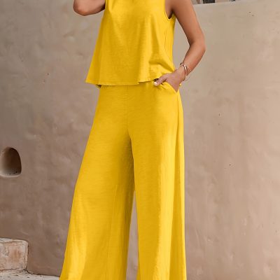 Solid Elegant Two-piece Set, Sleeveless Tank Top & Wide Leg Loose Pants Outfits, Women’s Clothing