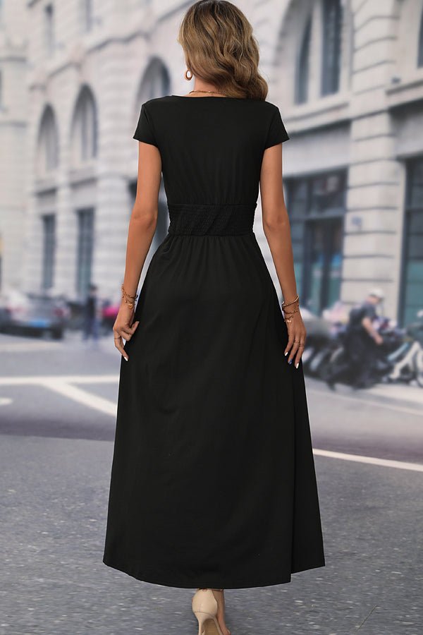 Deep V Neck Short Sleeve Solid Long Dress - Image 5