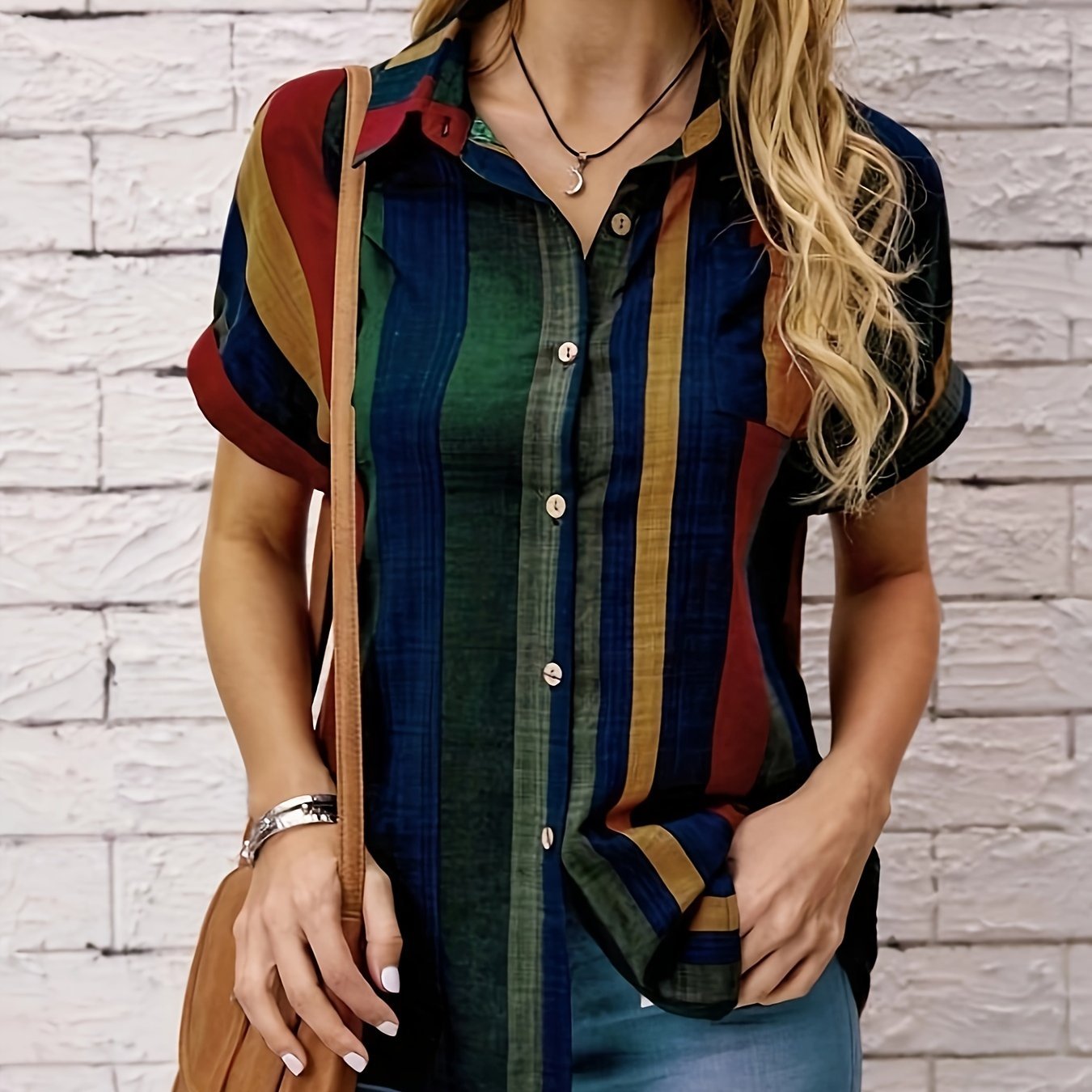 Striped Print Button Front Blouse, Vintage Short Sleeve Blouse For Spring & Summer, Women??s Clothing - Image 2