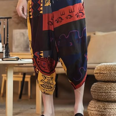 Ethnic Style Breathable Harem Pants, Men’s Casual Cotton Wide Leg Baggy Capri Pants For Spring Summer