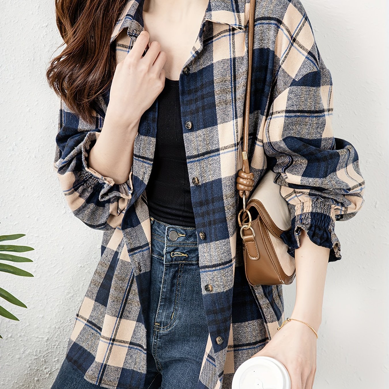 Plaid Print Button Front Blouse, Casual Long Sleeve Blouse For Spring & Fall, Women’s Clothing - Image 2