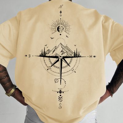 Sun & Mountain Print Men’s Round Neck Short Sleeve Tee Fashion Regular Fit T-Shirt Top For Spring Summer Holiday Leisure Vacation