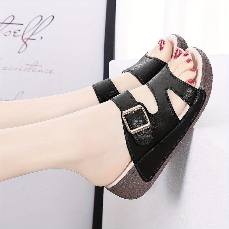 Women??s Solid Color Stylish Sandals, Buckle Belt Soft Sole Platform Slip On Shoes, Casual Summer Beach Shoes - Image 4